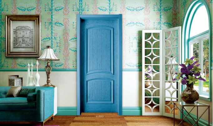 鑫順來X-2033雕花帶扣線隔音平開地中海蘭實(shí)木烤漆門