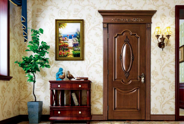 鑫順來X-2005復(fù)古雕花帶羅馬柱實(shí)木烤漆門