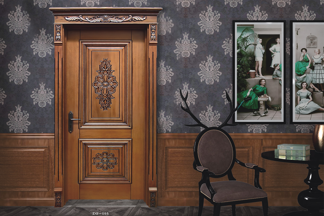 廠價直銷愉心X-4066平開雕花仿古實木烤漆門